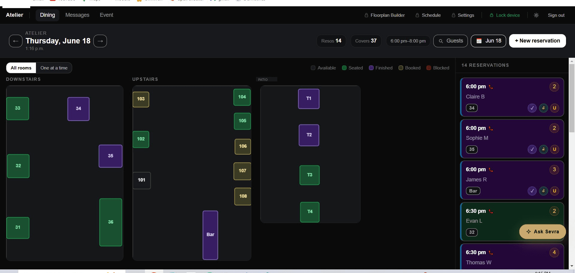 Sevra dining management interface